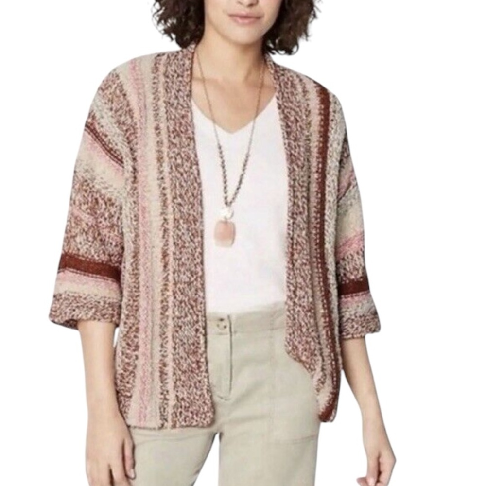 J. Jill Women’s Chunky Knit Striped Open Cardigan Sweater Relaxed Sz Med Petite